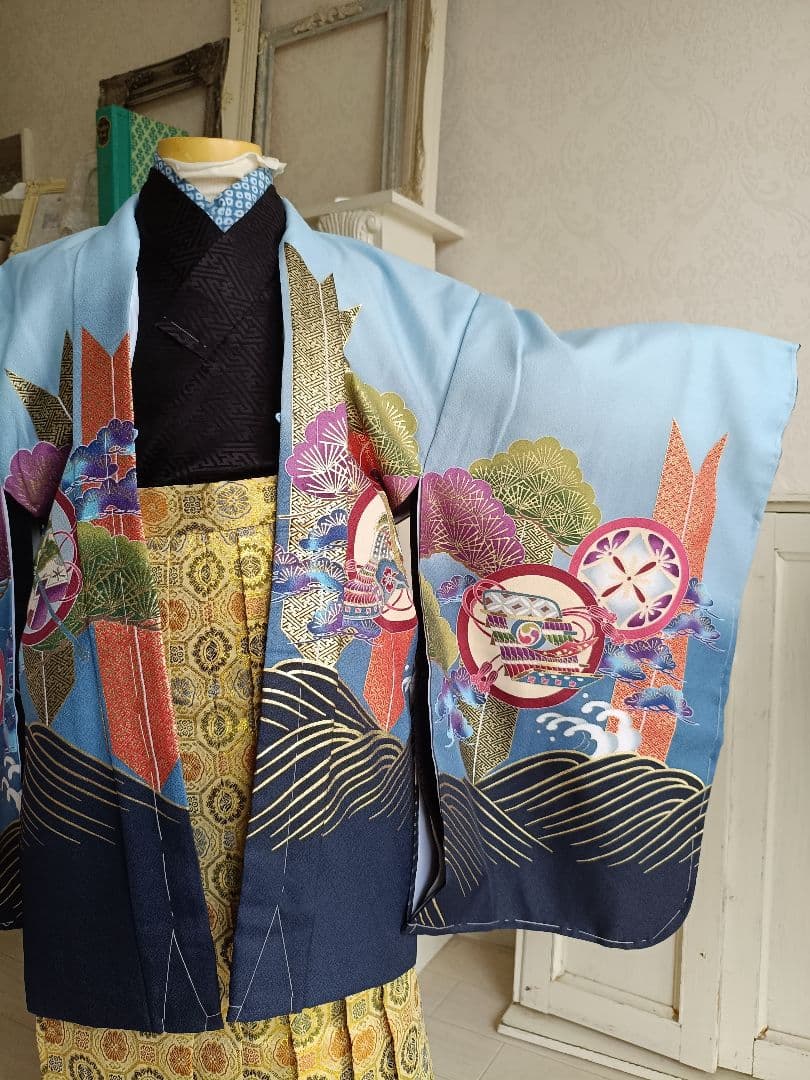 新品☆薄いブルー鷹に刺繍入りの羽織が格好良い☆男の子七五三フルセット