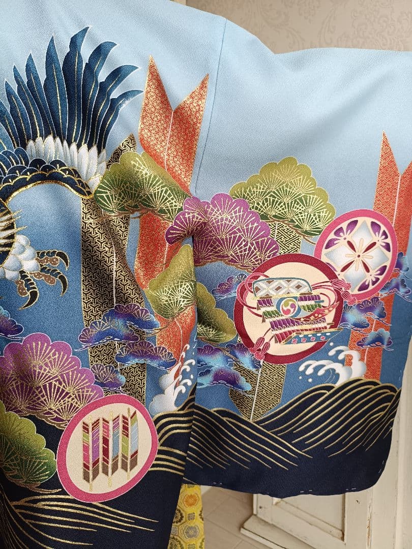 新品☆薄いブルー鷹に刺繍入りの羽織が格好良い☆男の子七五三フルセット