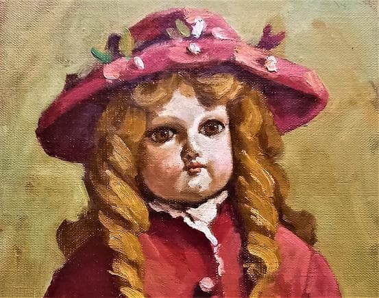 谷上信博 タイトル「アンティークドール」F４号 油絵 サイン 1989年制作