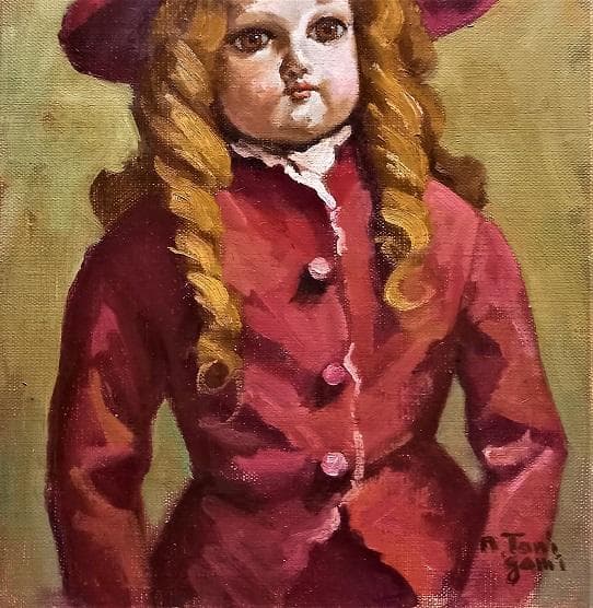 谷上信博 タイトル「アンティークドール」F４号 油絵 サイン 1989年制作