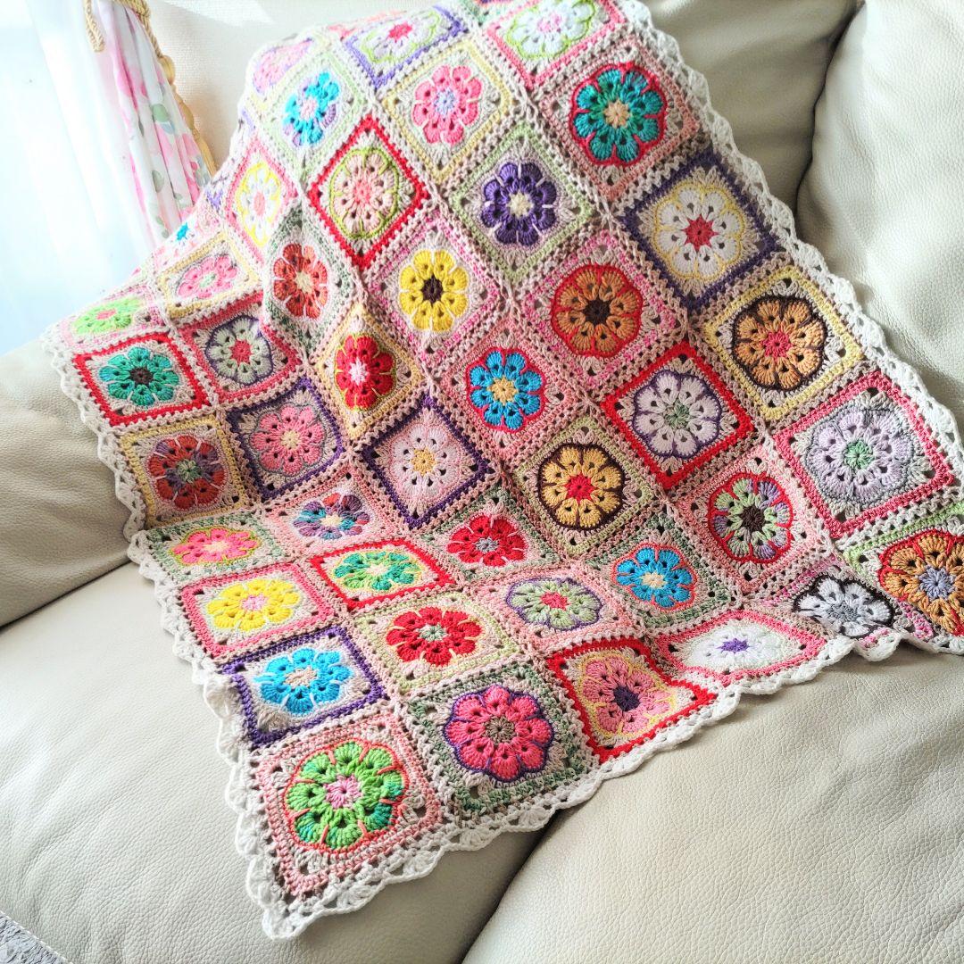 手編みブランケット☆アフリカンフラワー☆かぎ針編み☆カラフル