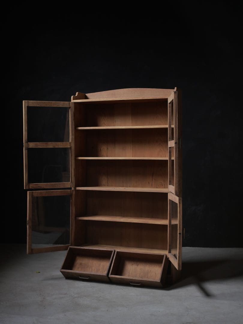 食器棚　収納　本箱　本棚　ガラス戸　棚　古家具　古道具　アンティーク　昭和レトロ