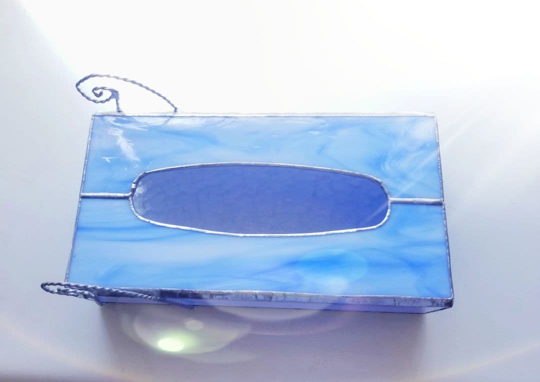 ステンドグラス　アンティーク調　ティッシュボックス水色(現品限り)