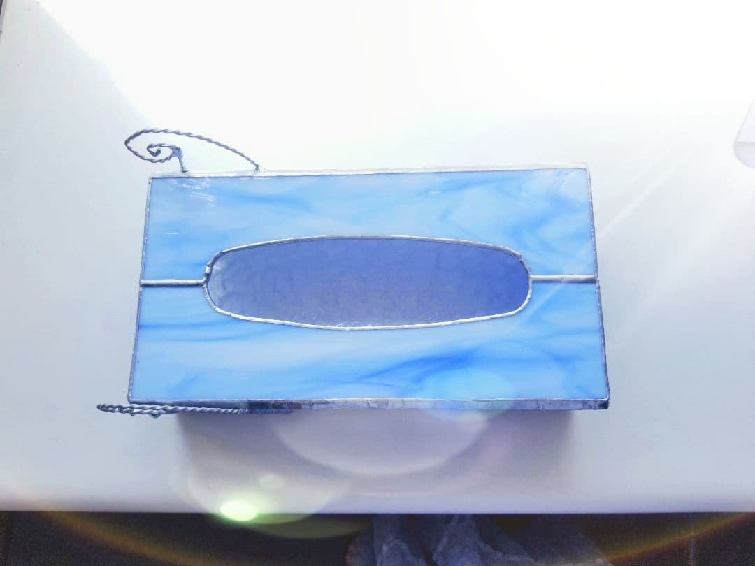 ステンドグラス　アンティーク調　ティッシュボックス水色(現品限り)