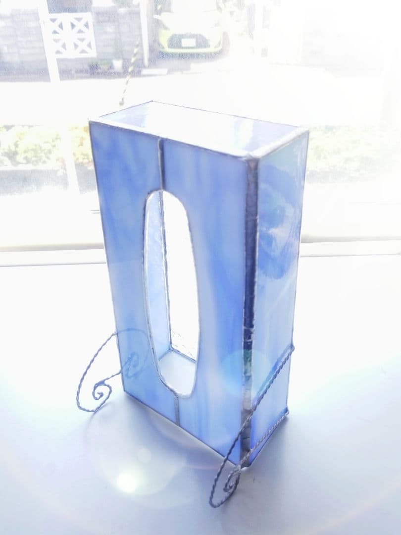 ステンドグラス　アンティーク調　ティッシュボックス水色(現品限り)