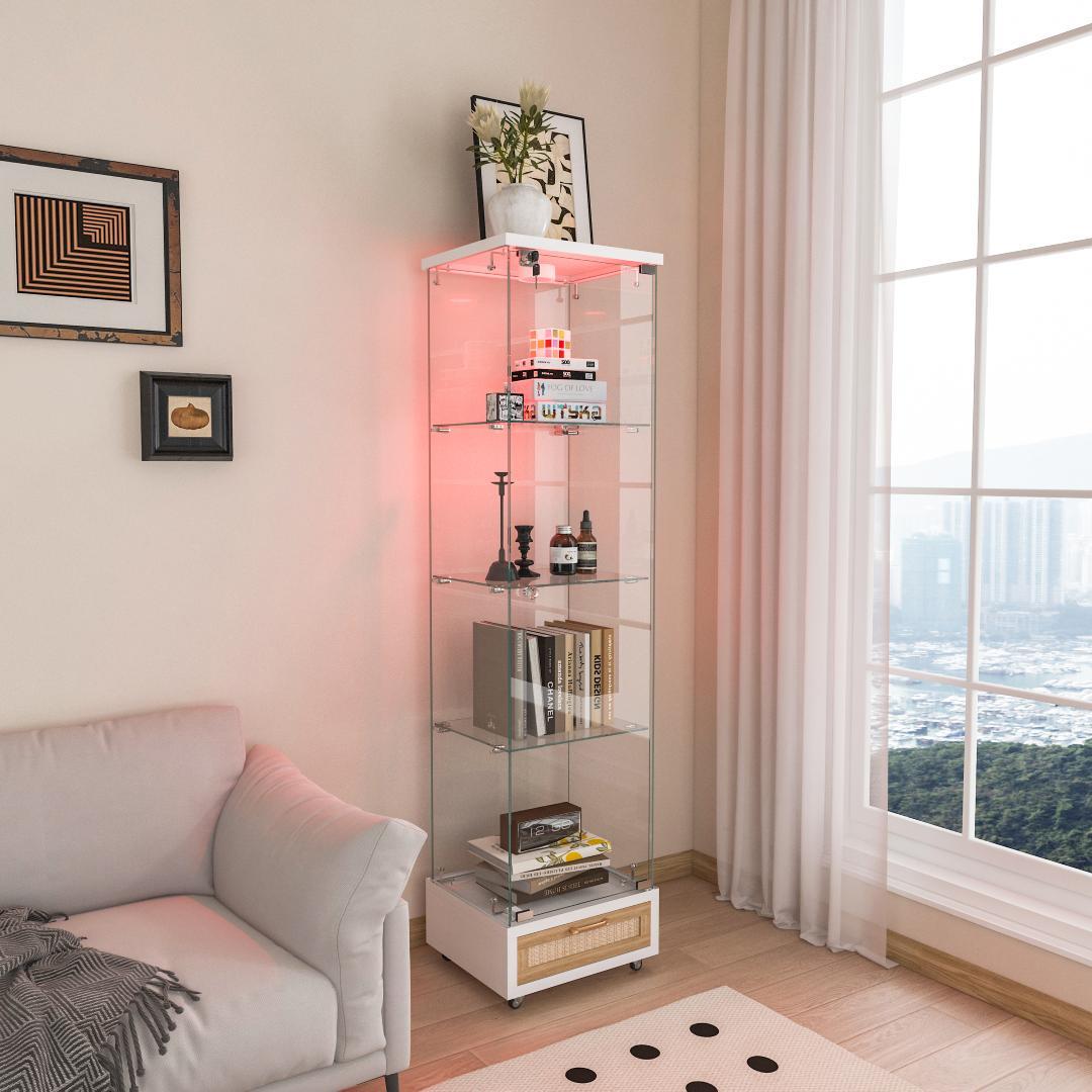 LED照明＆引き出し付き ガラスディスプレイキャビネット 鍵付き強化ガラス収納