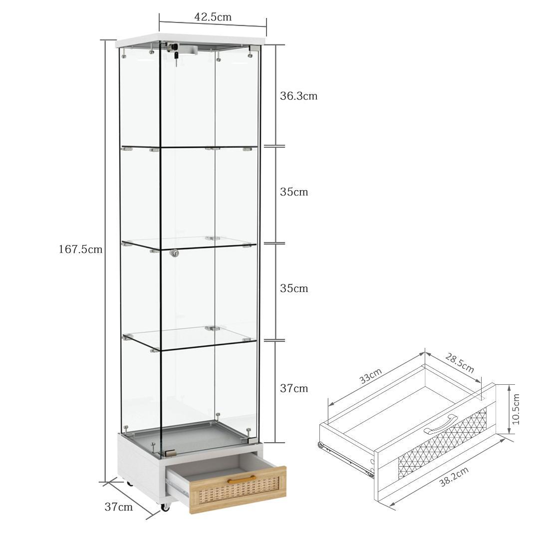 LED照明＆引き出し付き ガラスディスプレイキャビネット 鍵付き強化ガラス収納