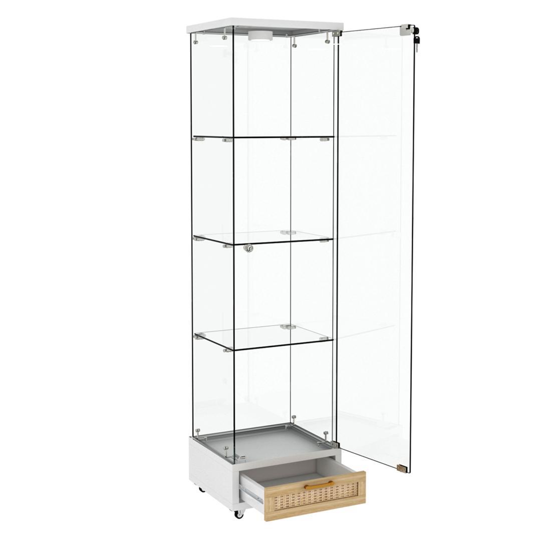 LED照明＆引き出し付き ガラスディスプレイキャビネット 鍵付き強化ガラス収納