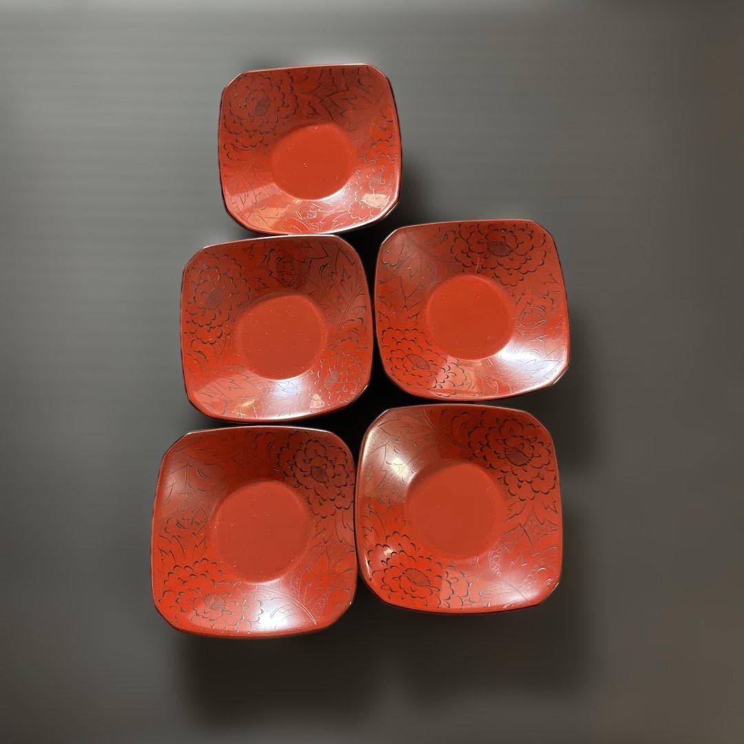 千舟生選 輪島塗 輪島塗 漆器 伝統工芸 茶托 皿 赤漆 5枚 沈刻 - メルカリ