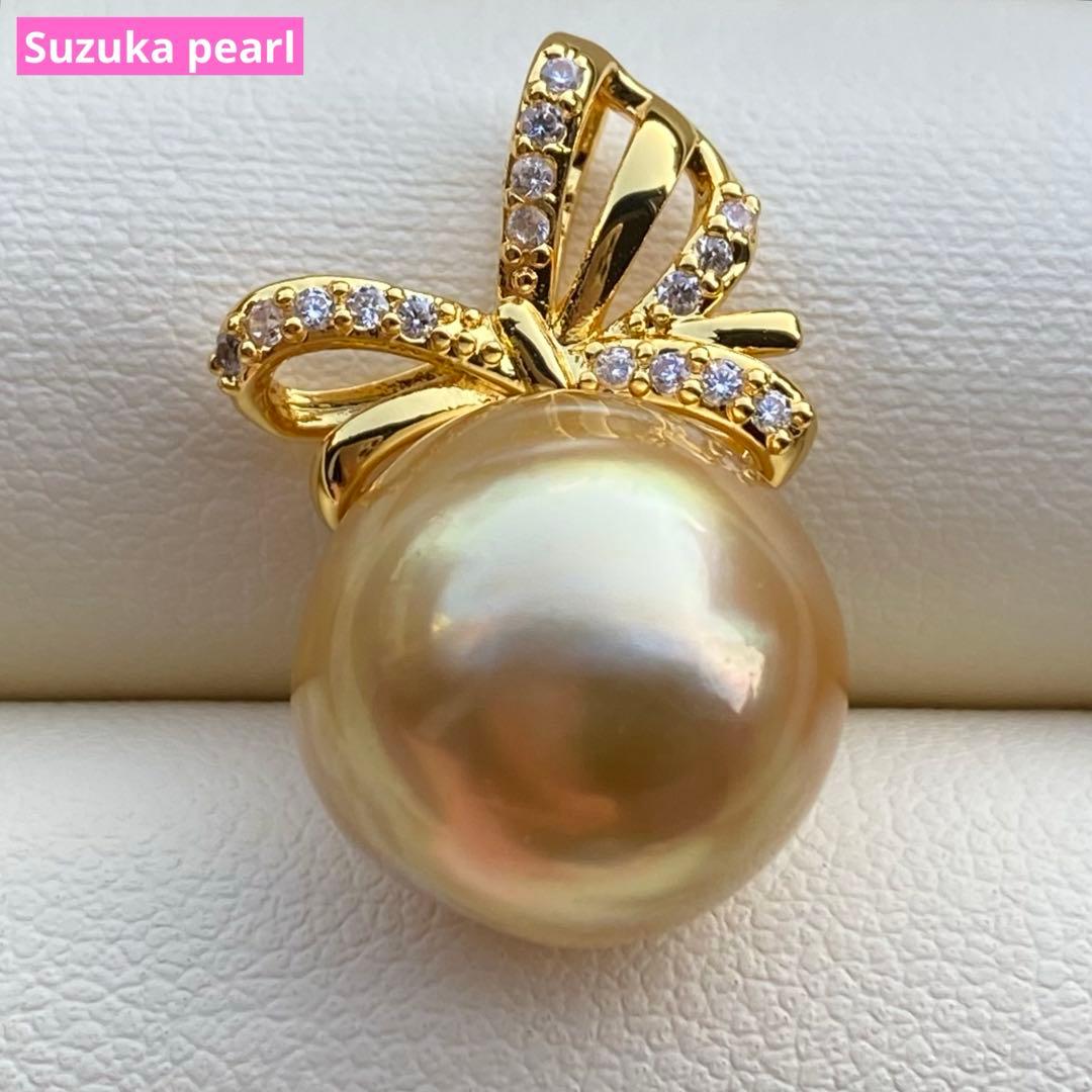 本真珠　南洋白蝶真珠ネックレストップ　大珠13.3mm茶金PT919