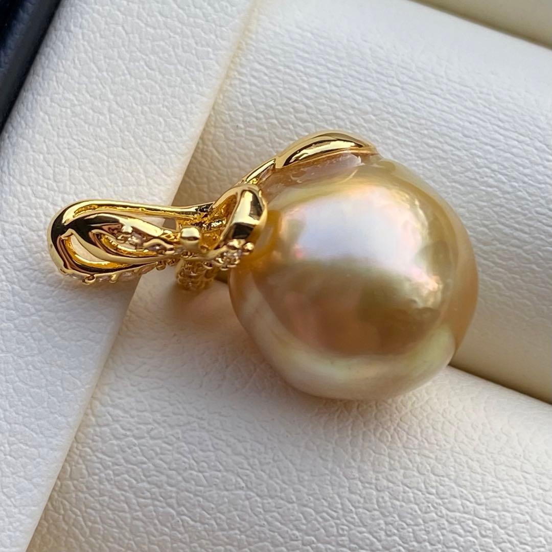 本真珠　南洋白蝶真珠ネックレストップ　大珠13.3mm茶金PT919