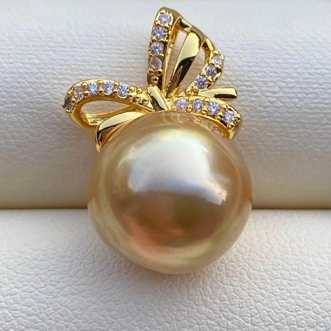 本真珠　南洋白蝶真珠ネックレストップ　大珠13.3mm茶金PT919