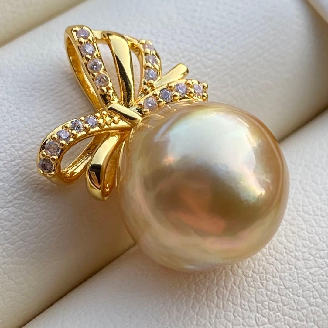 本真珠　南洋白蝶真珠ネックレストップ　大珠13.3mm茶金PT919