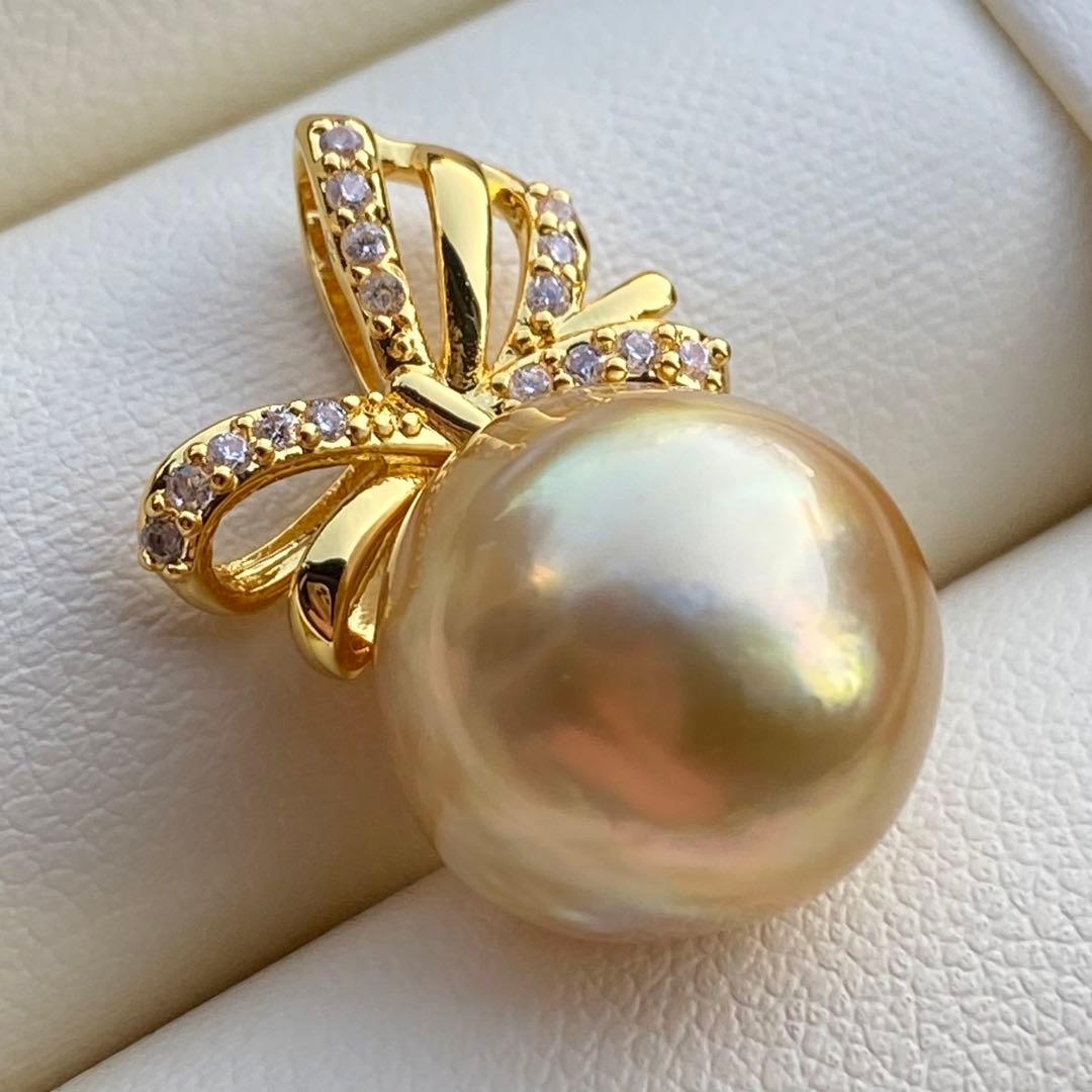 本真珠　南洋白蝶真珠ネックレストップ　大珠13.3mm茶金PT919