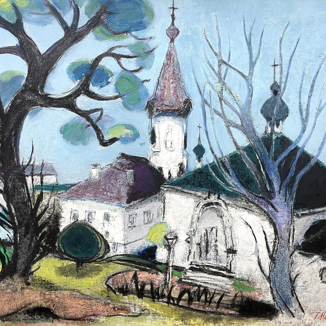 真作保証 箱根寿保『ハリスト教会のある高台』1966年作 肉筆 油彩画 15号