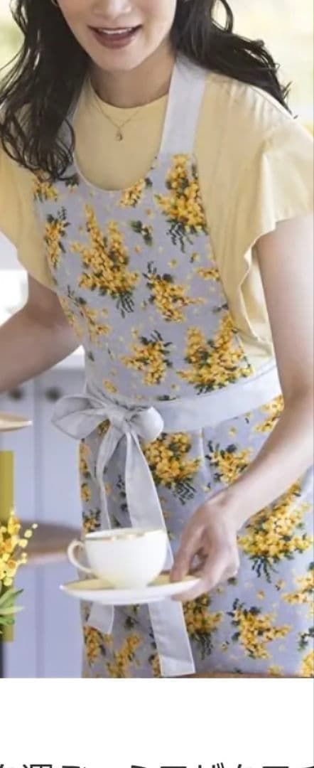 希少　FEILER ミモザ花柄エプロン シルバーグレー