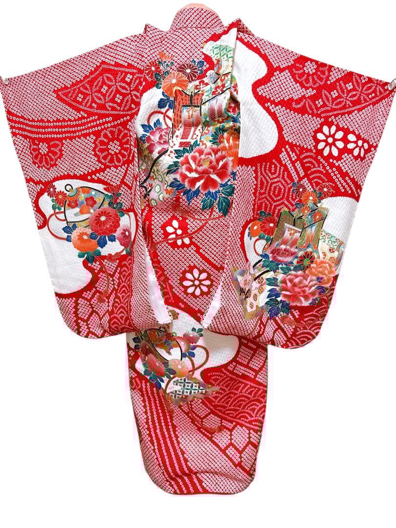 正絹鹿の子柄♡七五三　3歳　女の子　フルセット　一式　赤系　刺繍入り被布