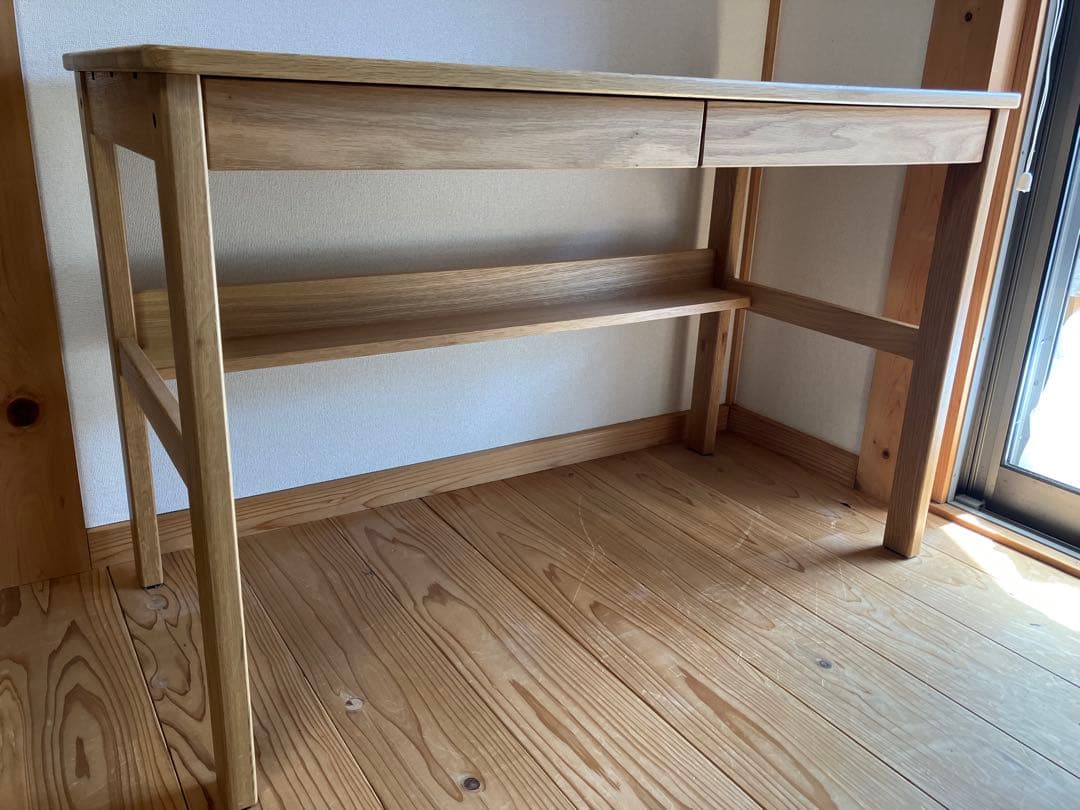 【美品】オーク無垢材デスク（引出・足元棚付）幅１１０×奥行５５×高さ７０ｃｍ