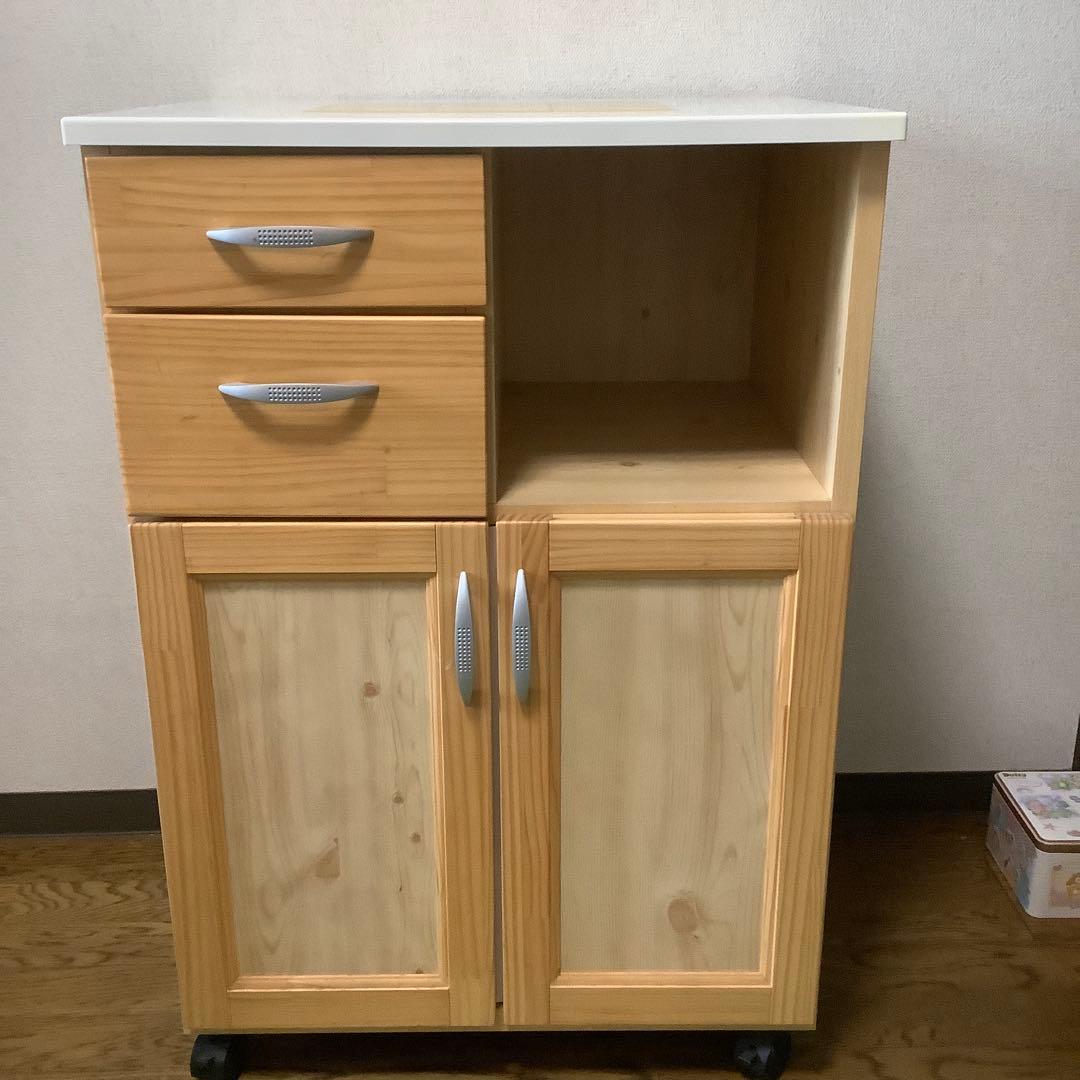 キム 日本製　のだ工芸　無垢パイン材使用　キッチンワゴン　黄色いタイル