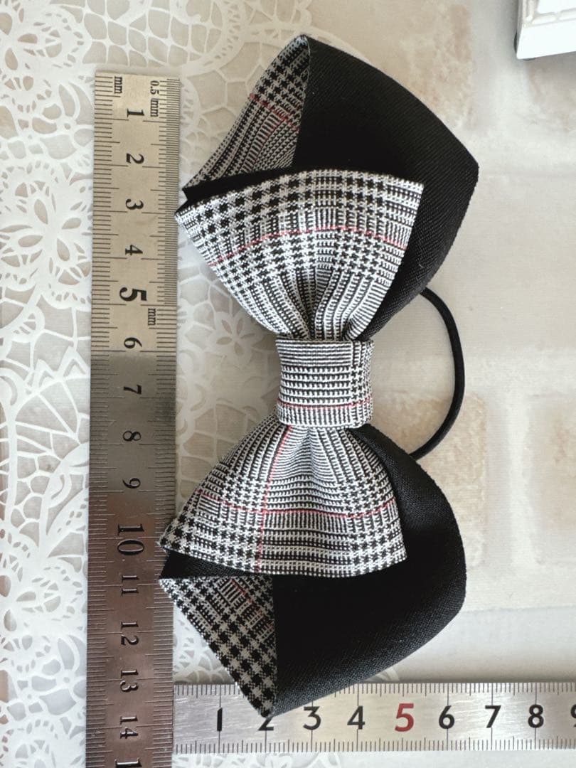 No.31リボンヘアゴム☆チェック柄☆ブラック