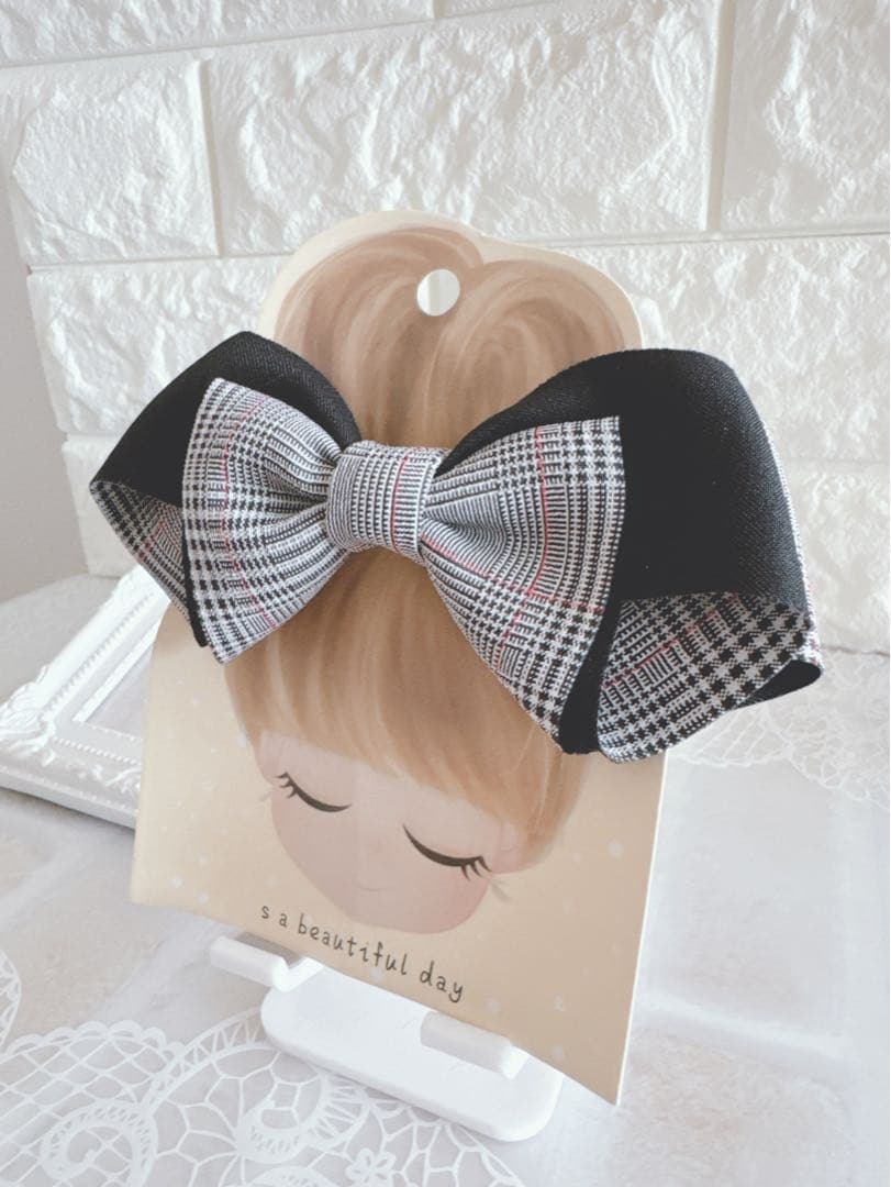 No.31リボンヘアゴム☆チェック柄☆ブラック