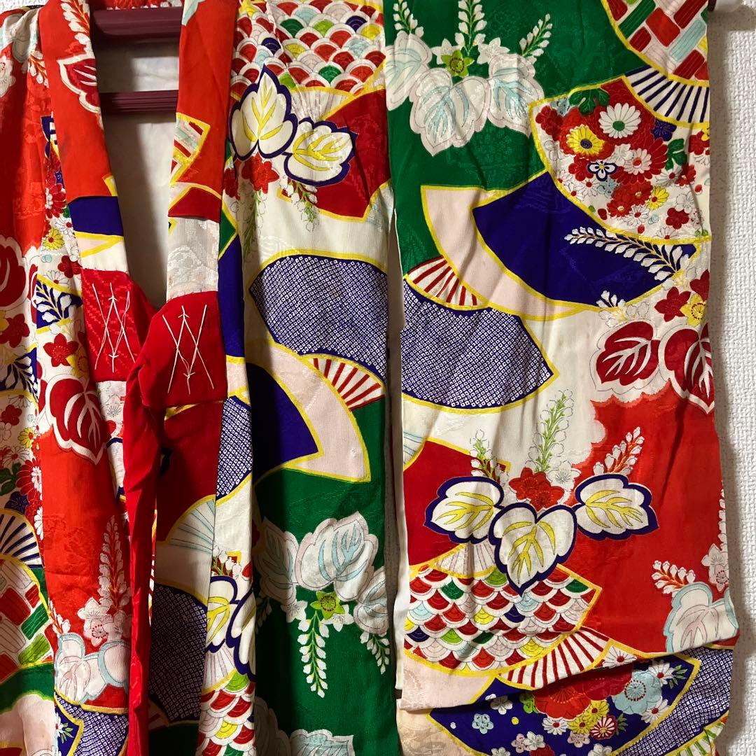 七五三　3歳　着物　被布　アンティーク　赤　古典柄