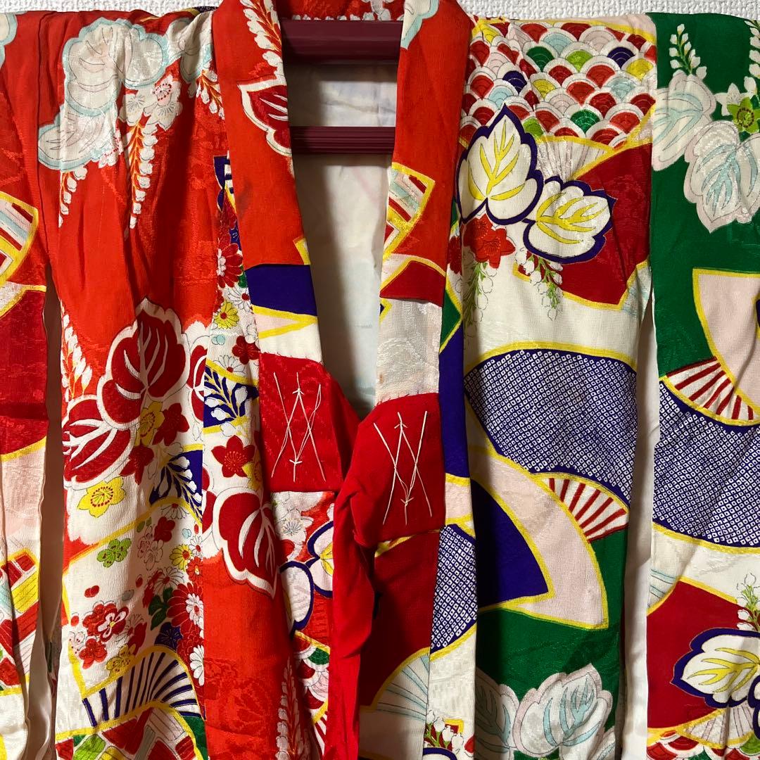 七五三　3歳　着物　被布　アンティーク　赤　古典柄