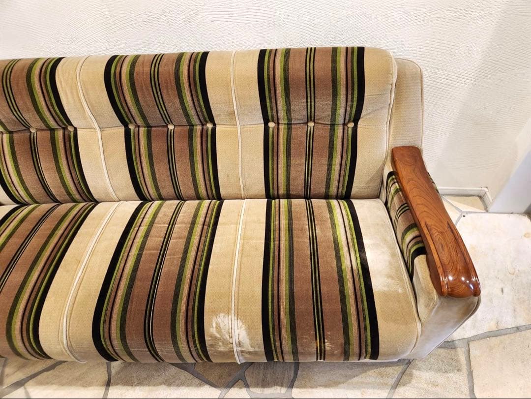 昭和レトロ　アンティーク ストライプ3pソファ モケット　ファブリック