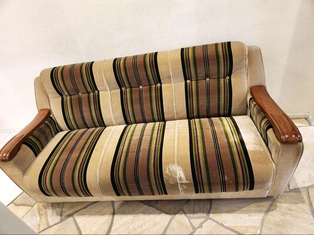 昭和レトロ　アンティーク ストライプ3pソファ モケット　ファブリック