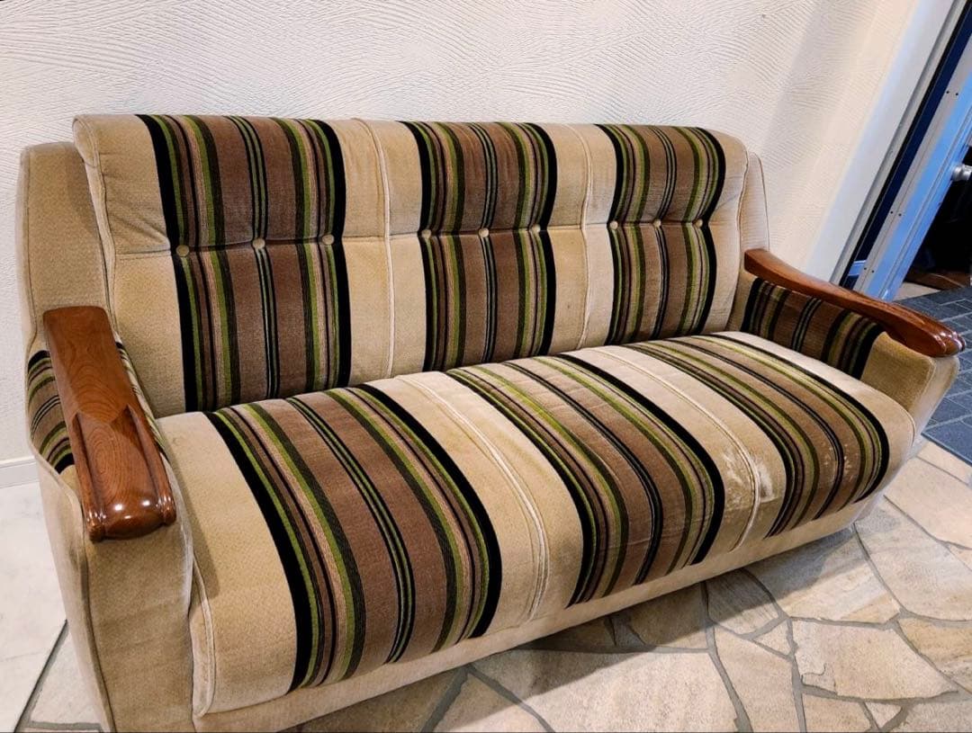 昭和レトロ　アンティーク ストライプ3pソファ モケット　ファブリック