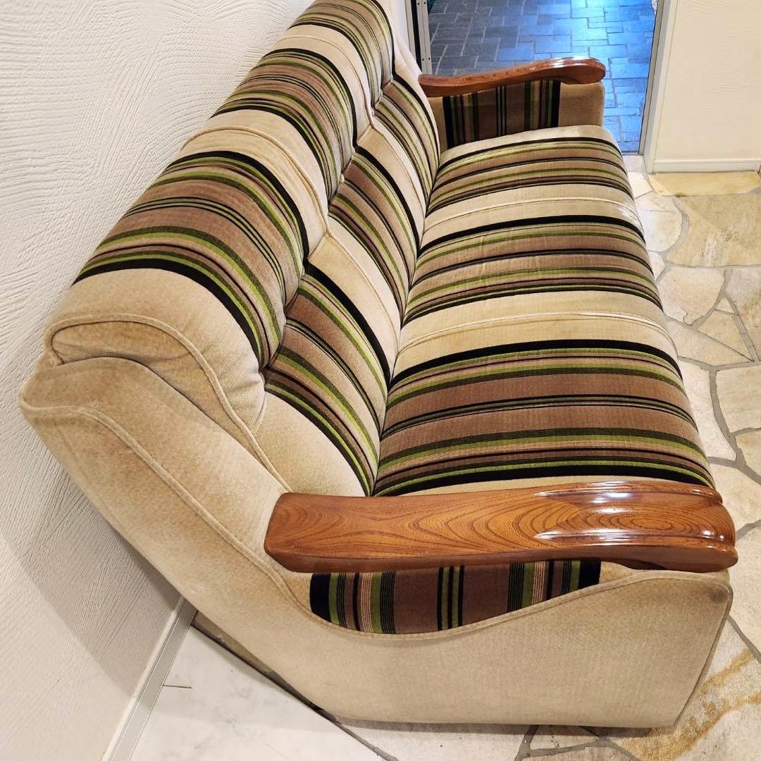 昭和レトロ　アンティーク ストライプ3pソファ モケット　ファブリック