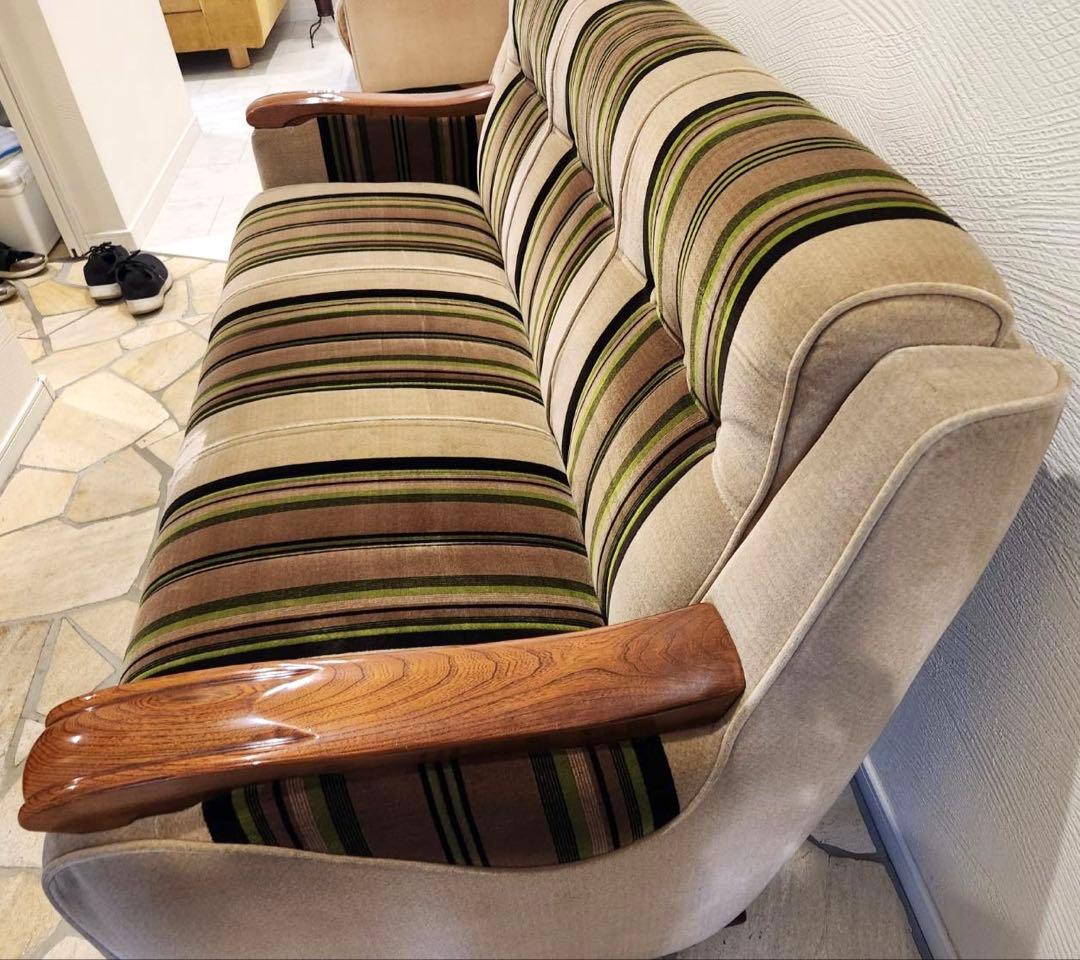 昭和レトロ　アンティーク ストライプ3pソファ モケット　ファブリック
