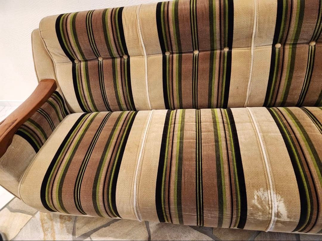 昭和レトロ　アンティーク ストライプ3pソファ モケット　ファブリック