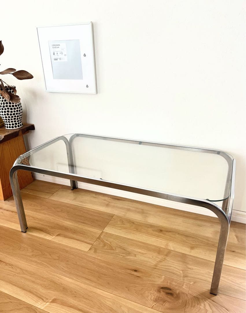 ミッドセンチュリー　ガラステーブル　古家具　ラウンドシルエット