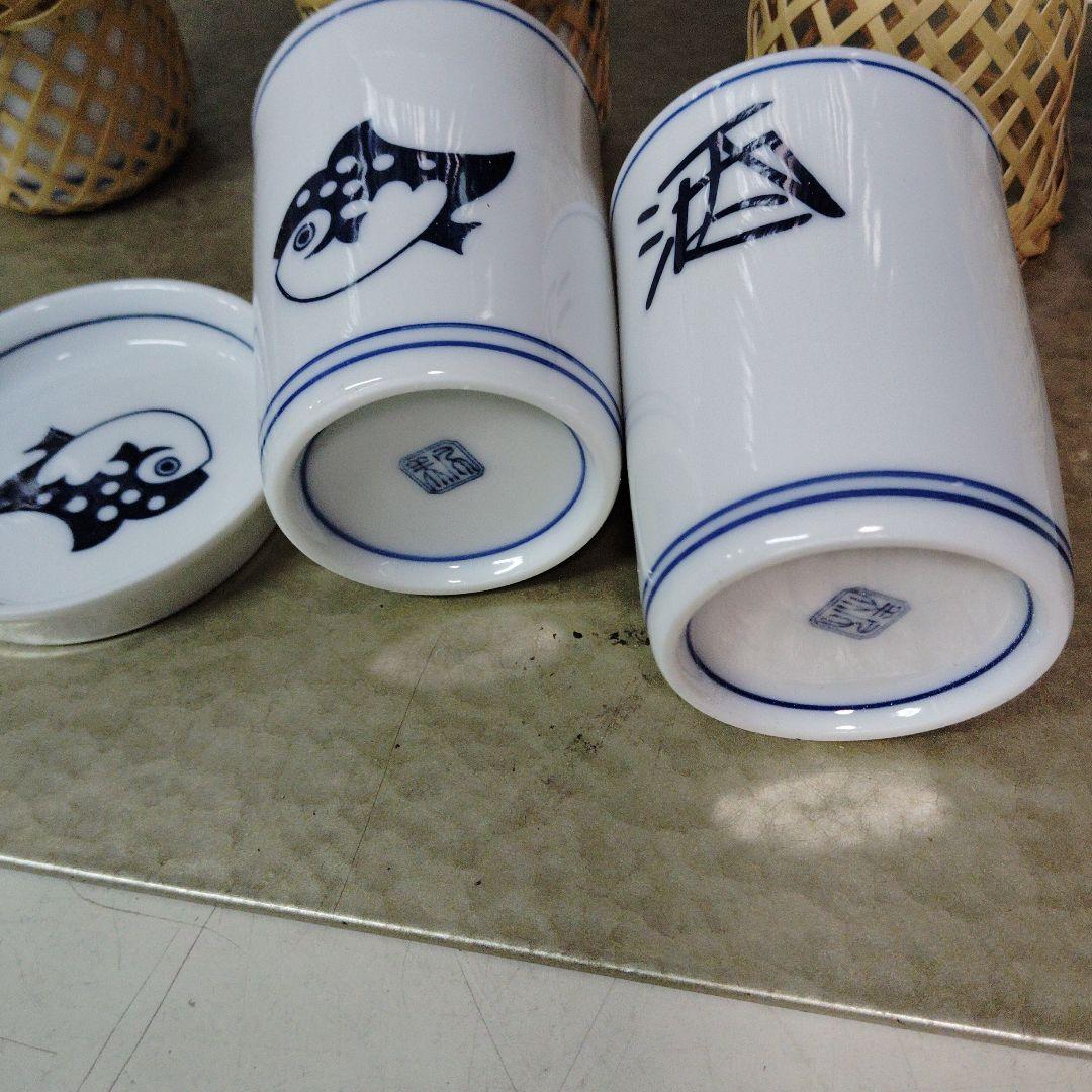 ふぐひれ酒カップ4個、竹製カバー4個、新品、未使用