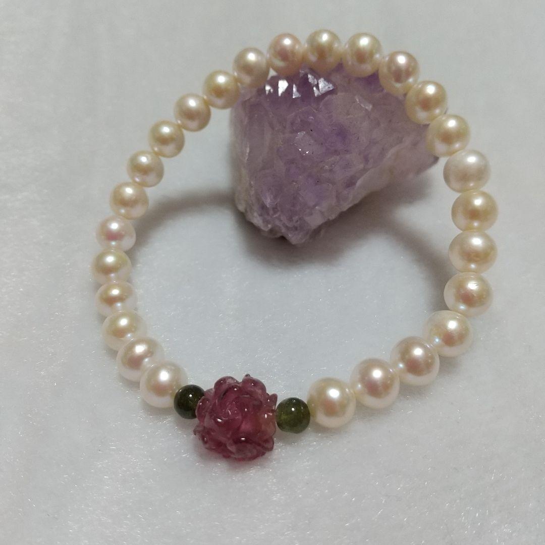 天然石 ハンドメイド ブレスレット  No.97 ピンクトルマリン 薔薇
