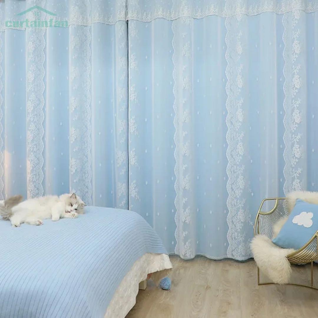 水色 遮光カーテン 2枚 タッセルセット 姫系 ロリータ