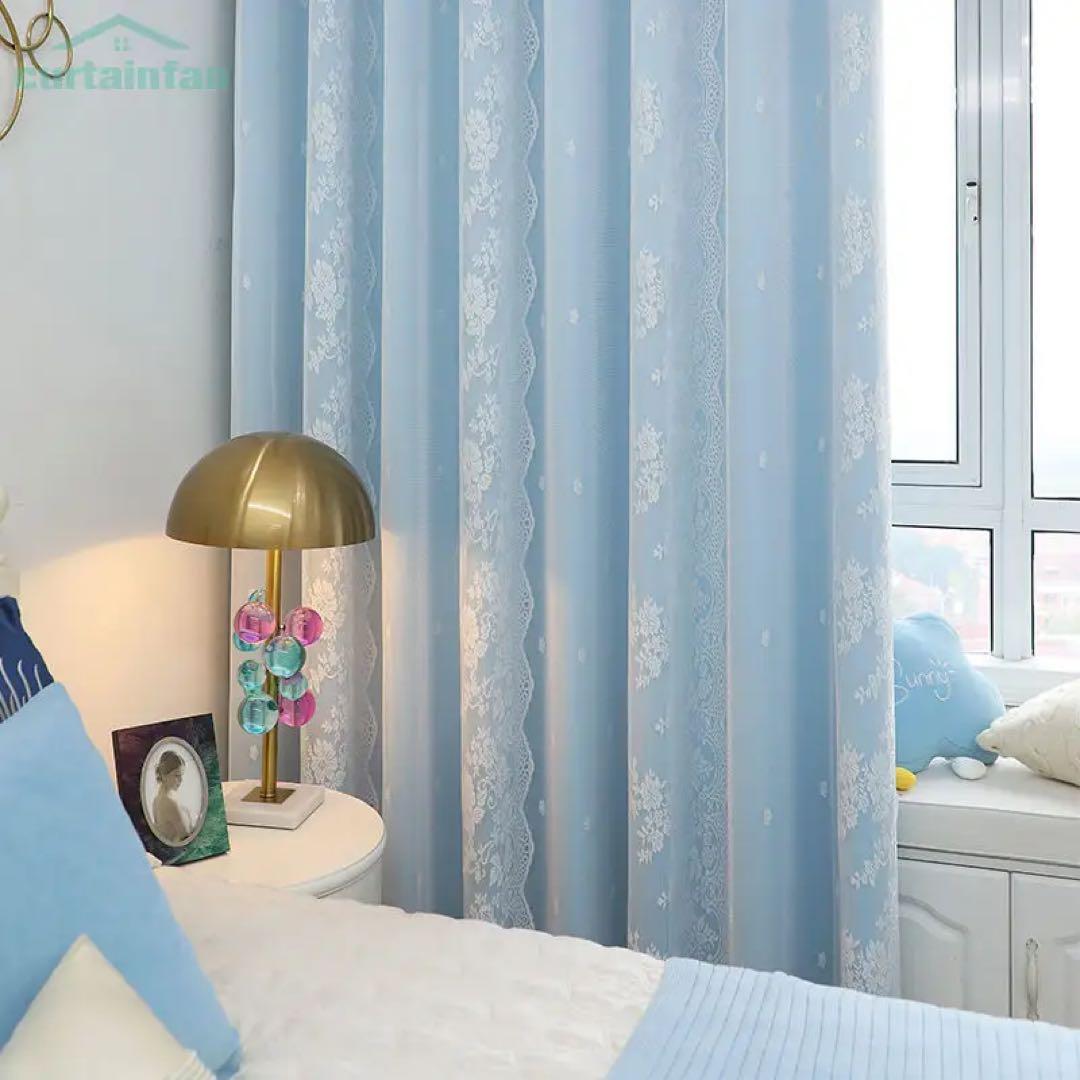 水色 遮光カーテン 2枚 タッセルセット 姫系 ロリータ