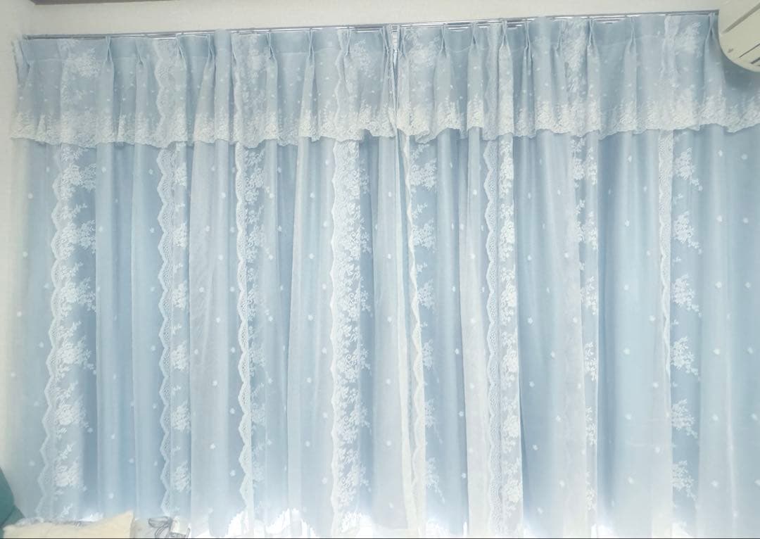 水色 遮光カーテン 2枚 タッセルセット 姫系 ロリータ