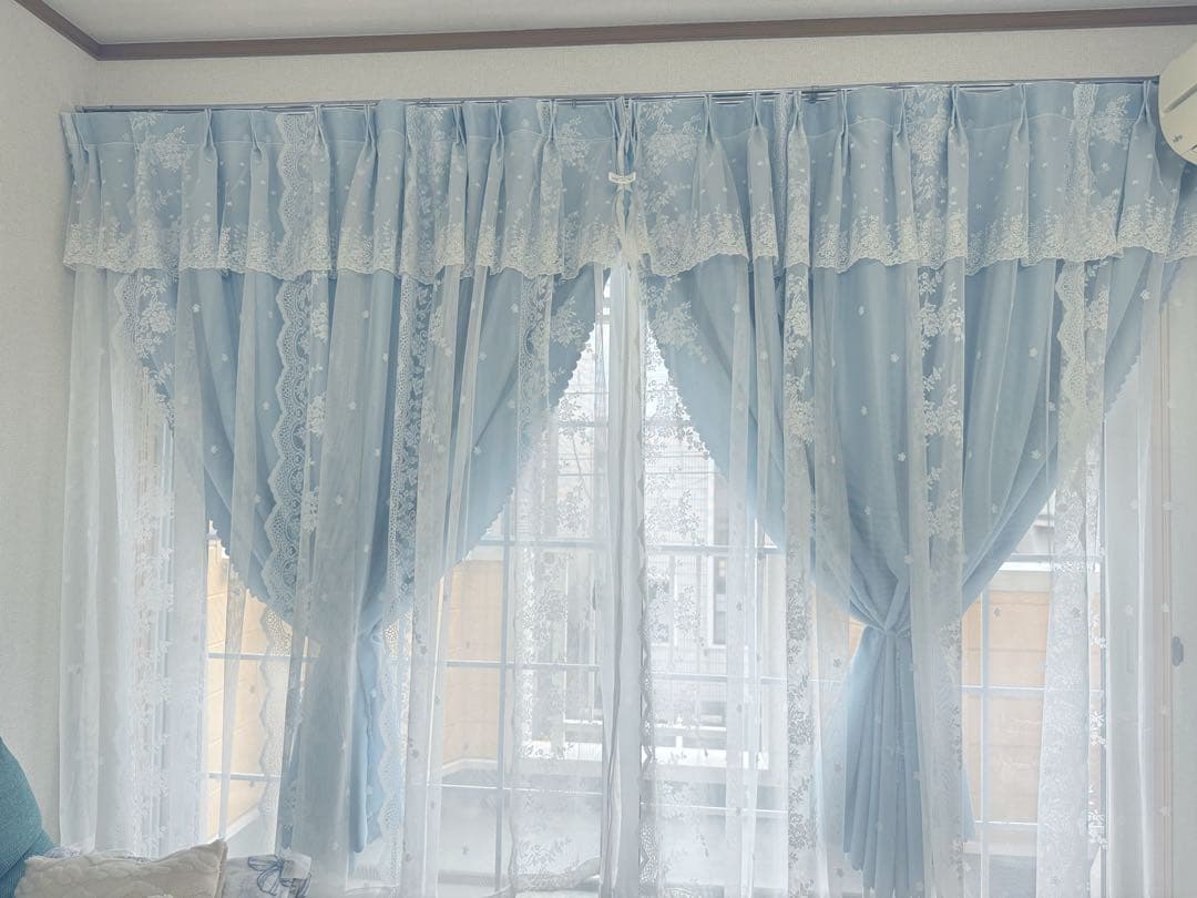 水色 遮光カーテン 2枚 タッセルセット 姫系 ロリータ