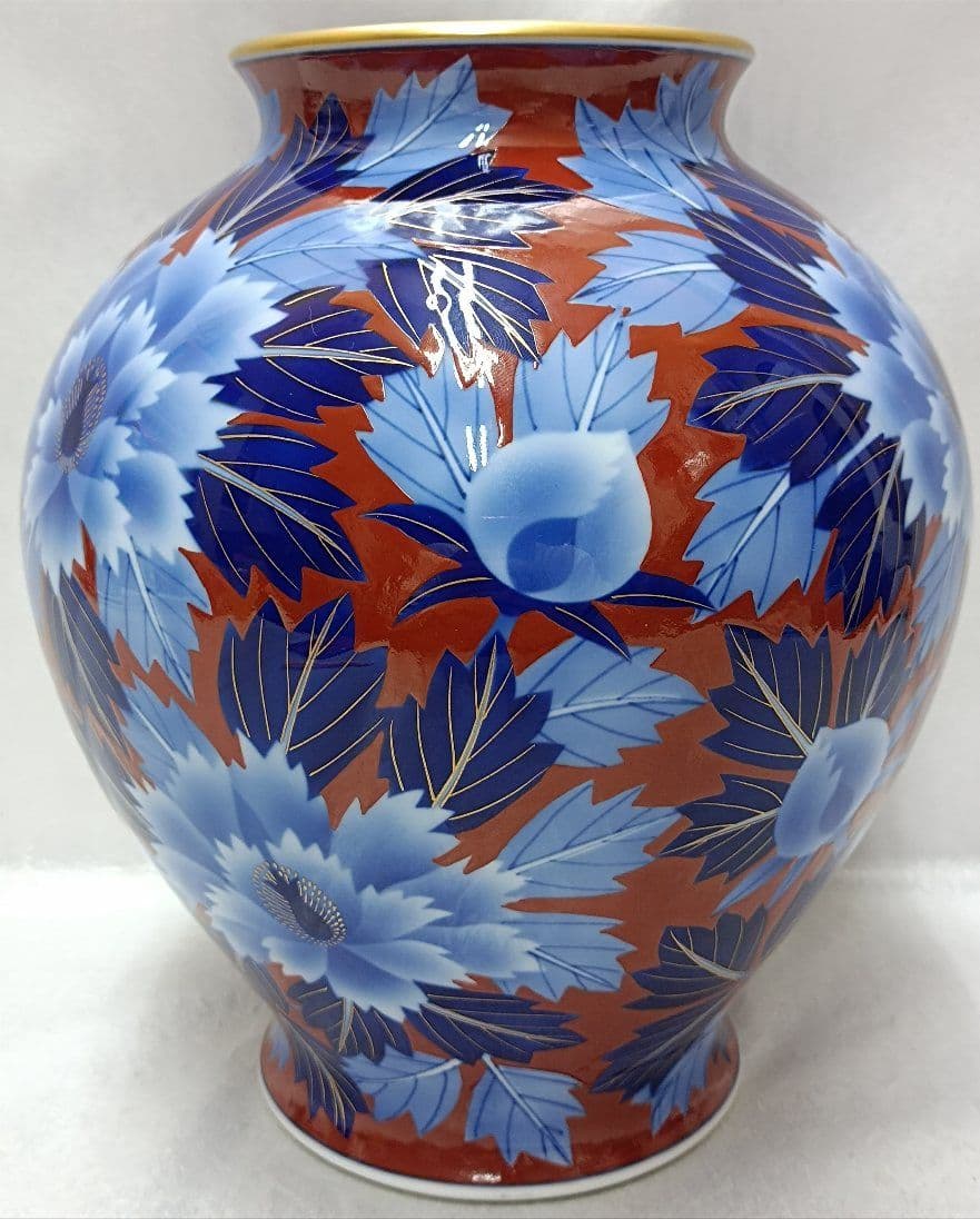 オールド香蘭社 レア陶印ロゴ金線 木蓮紋染付赤瑠璃金彩花瓶・飾り壺