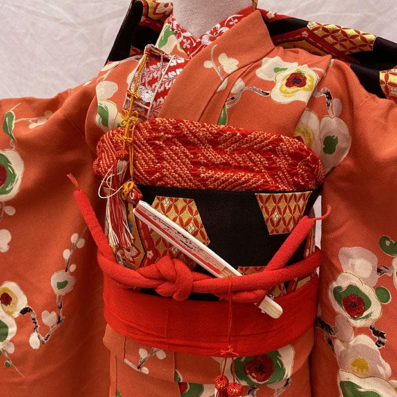 512ag37◎七五三 七歳 女児 アンティーク着物&袋帯 レトロ 梅 濃緋◎