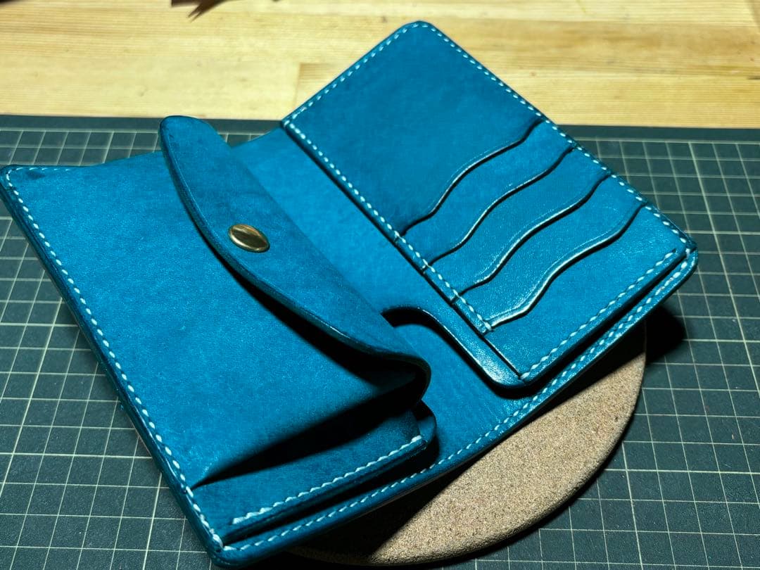 ミドルウォレット　イタリアンレザー　マルゴー　ターコイズ　ハンドメイド