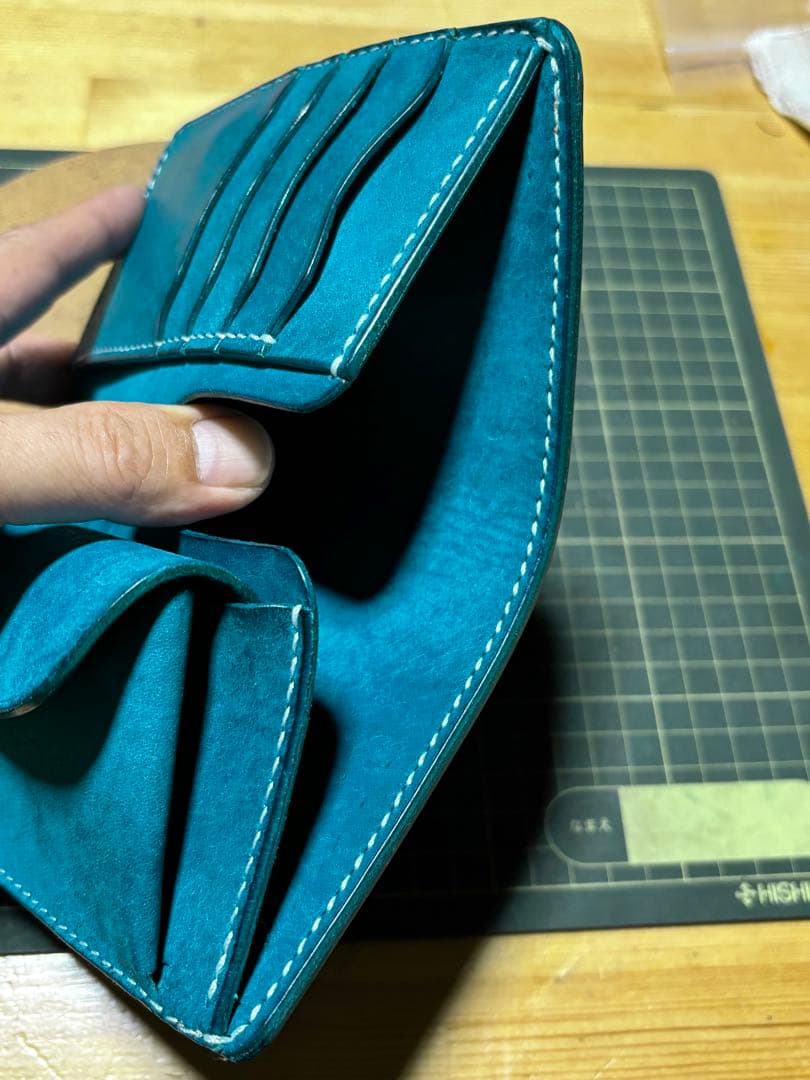 ミドルウォレット　イタリアンレザー　マルゴー　ターコイズ　ハンドメイド