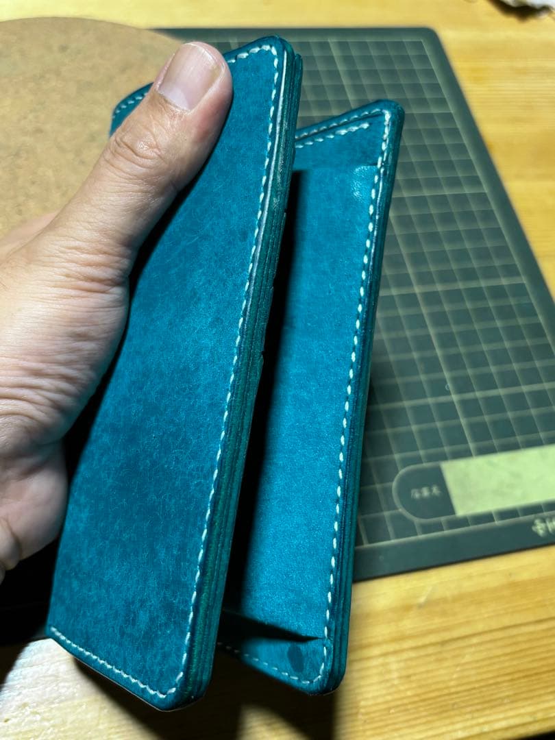ミドルウォレット　イタリアンレザー　マルゴー　ターコイズ　ハンドメイド