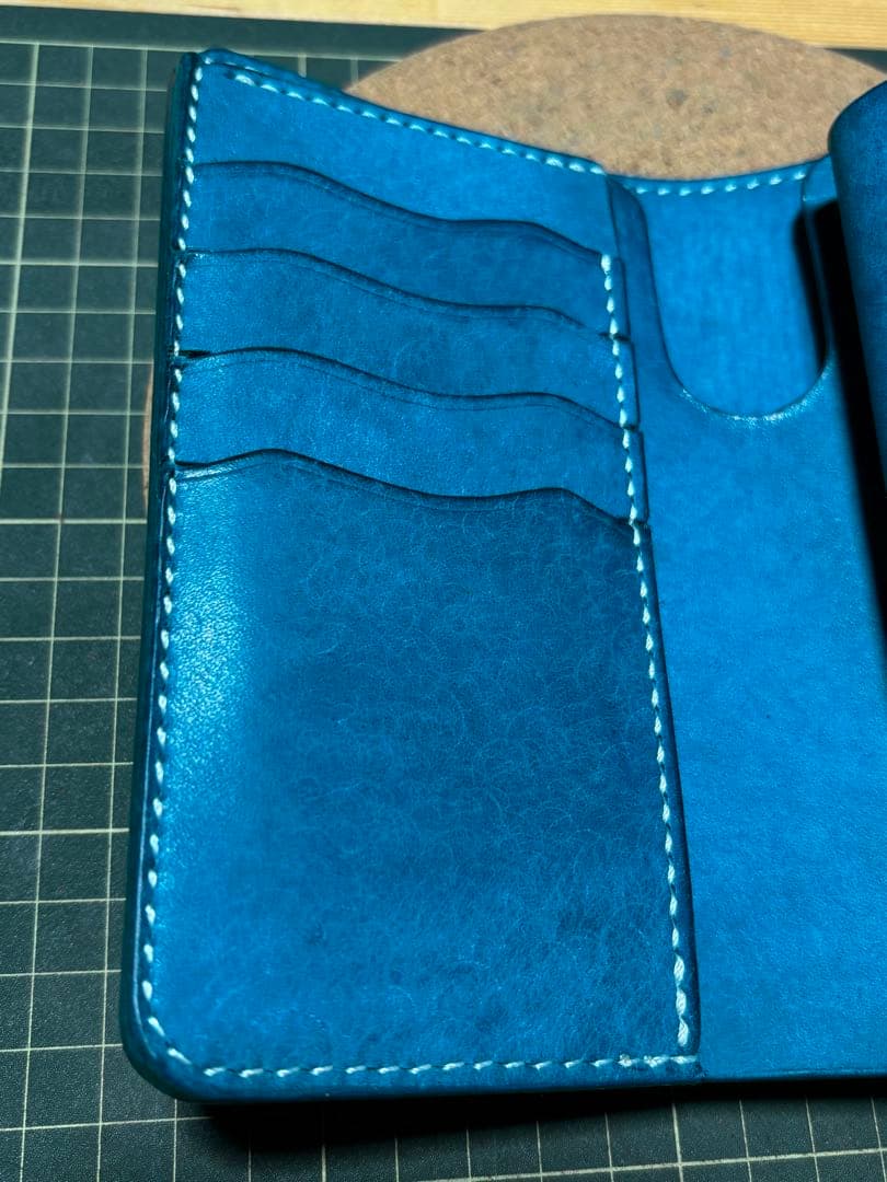 ミドルウォレット　イタリアンレザー　マルゴー　ターコイズ　ハンドメイド