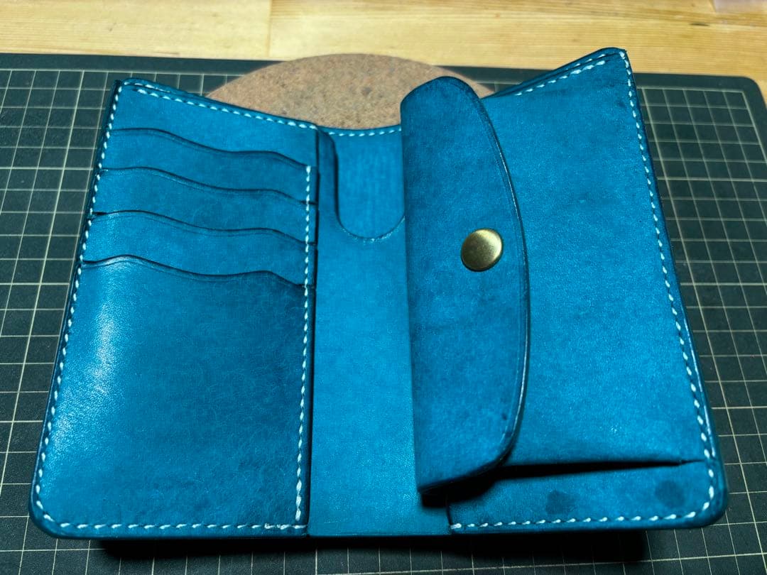 ミドルウォレット　イタリアンレザー　マルゴー　ターコイズ　ハンドメイド
