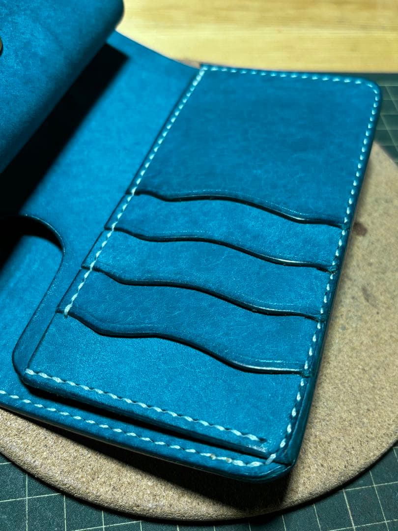 ミドルウォレット　イタリアンレザー　マルゴー　ターコイズ　ハンドメイド