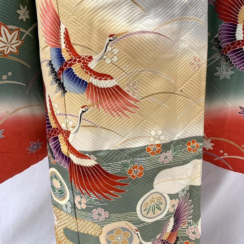 512ag21□七五三 七歳 女児 着物&袋帯&長襦袢 鶴 藤 露芝□状態良好