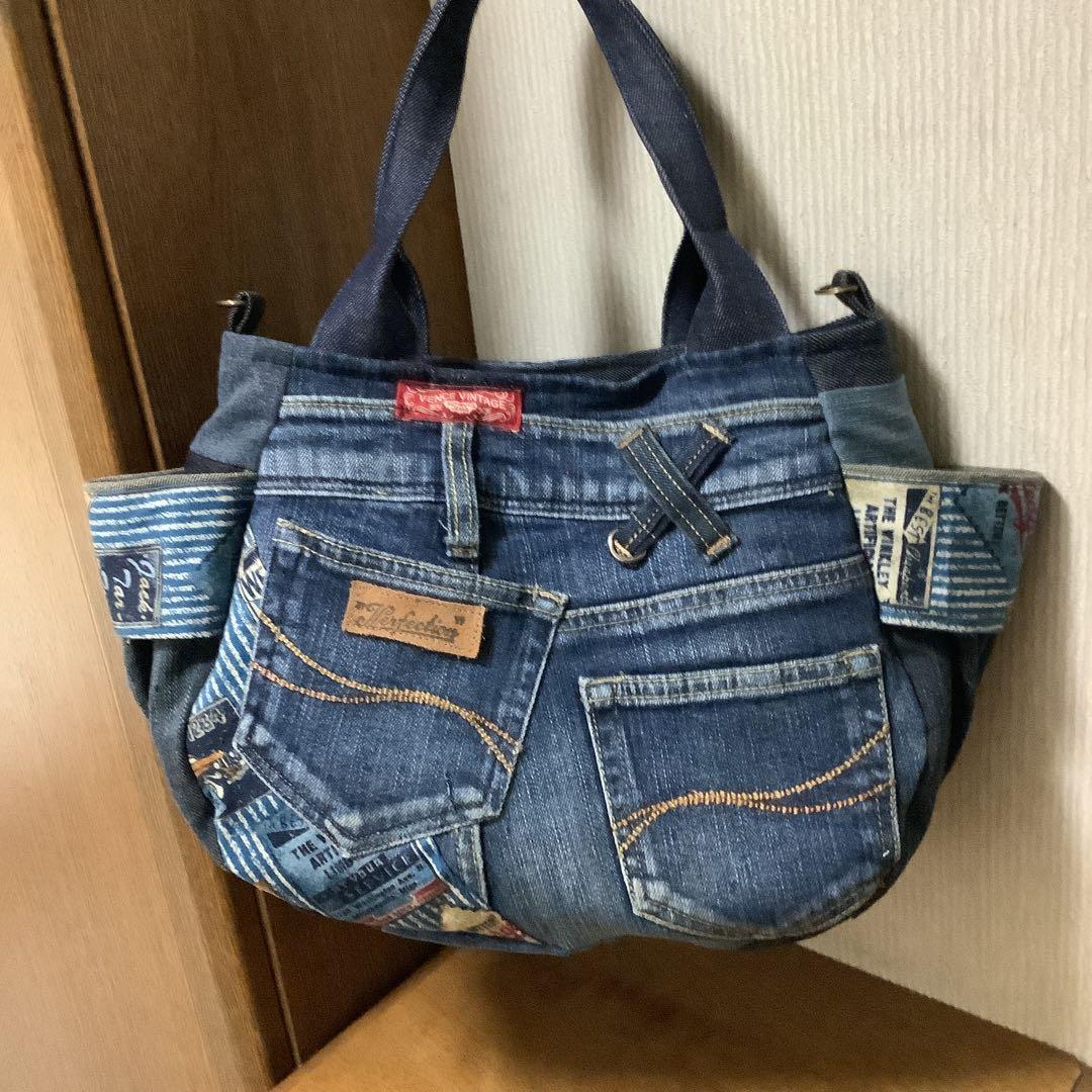 ハンドメイド リメイクデニム トートバッグ サイドポケット＆Dカン付き